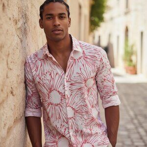 ZARA MAN Off White Red Button Down Shirt M Red Floral Dress Casual Streetwear